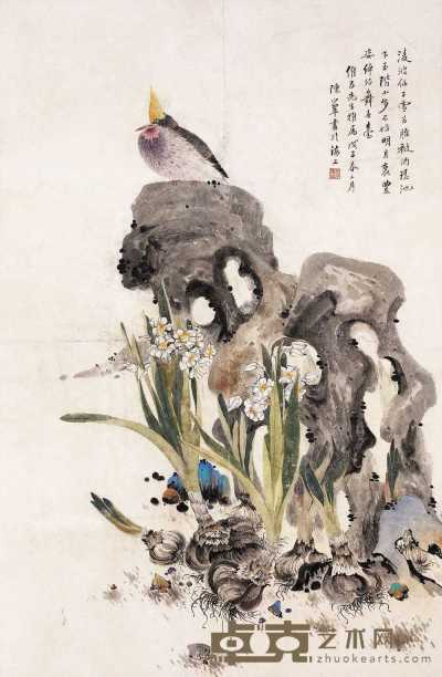 陈小翠 1948年作 水仙鸟石图 立轴 42.5×65cm
